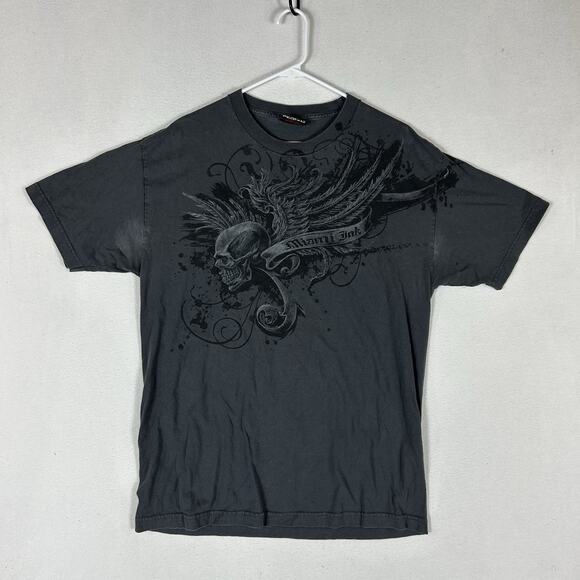 Miami Ink T-Shirt Men's Large Black Skull Tattoo Graphic Asian Script Tee Top - Picture 1 of 10